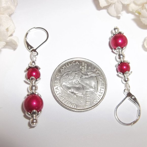 Pearl Earrings Red and Silver Beaded Dangle Drop Jewelry Set Pair NWT Gift 7350 - Picture 3 of 8
